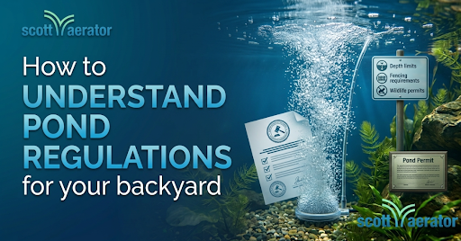 Pond aerator with permit documents and safety signs illustrating backyard pond regulations, planning, and legal compliance.