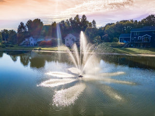 Fountain in a pond with houses and trees in the background
