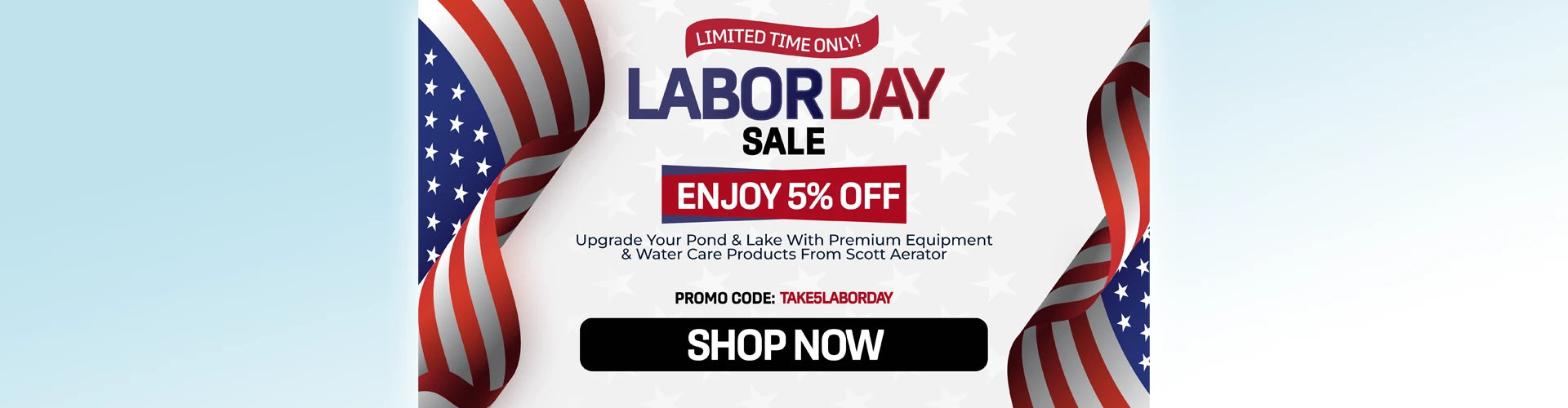 Labor Day sale banner with American flags on a light blue background