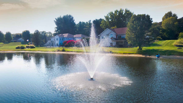 Fountain in a lake with houses and trees in the background