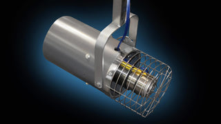 Close-up studio photo of an AquaSweep muck mover unit with metal housing and protective intake cage visible, shown against a dark gradient background.