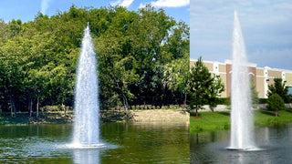 Two images of a fountain in a park with trees and buildings in the background.